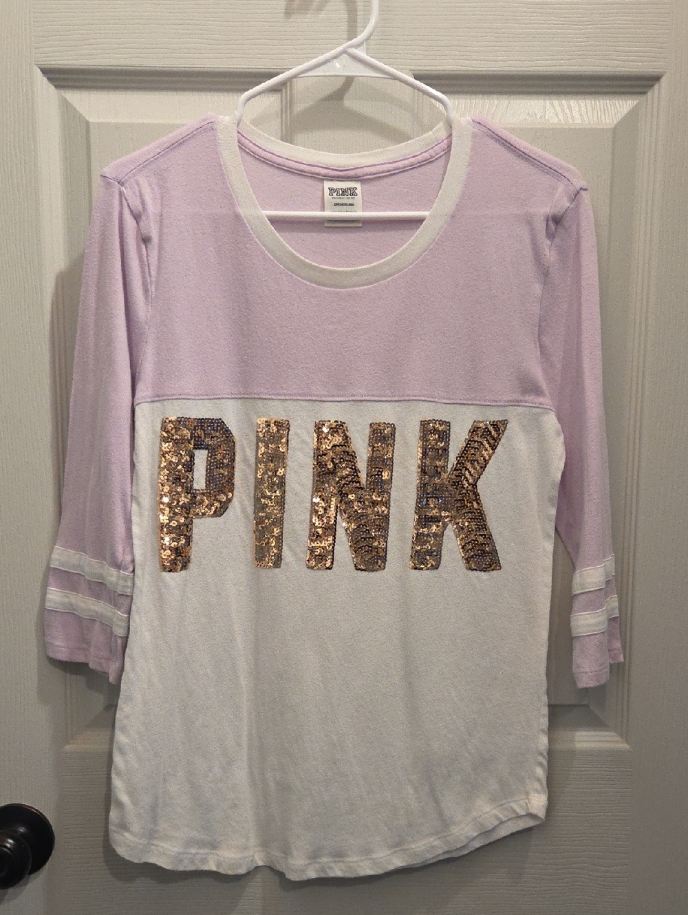 3/$10 PINK Victoria's Secret Lavender & White Sequin Logo 3qtr Sleeve Tee